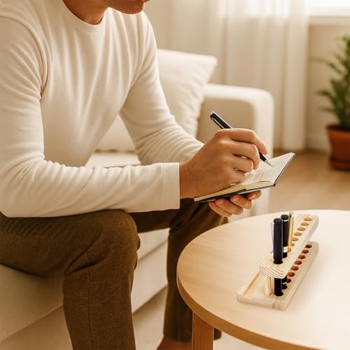 PH PandaHall Wooden Pen Display Stand Wood Pencil Holder for Desk, Solid Wood Pen Organizer with 9 Slots and Phone Holder for School Office Home Store, 7.87x3.15x2.68 inches - Image 5