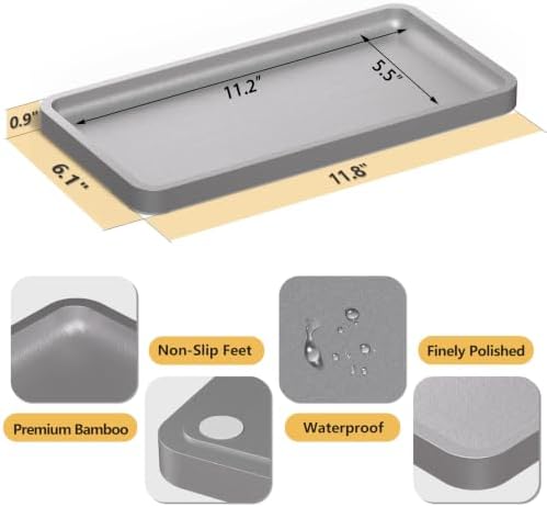 Weenson Bathroom Vanity Tray for Perfume Makeup Jewelry Decor Candle, Bamboo Kitchen Tray for Soap Dispenser Spice, Coffee, Toilet Tank Tray Nightstand Silver 11.81”L x 6.1”W x 0.79”H - Image 3
