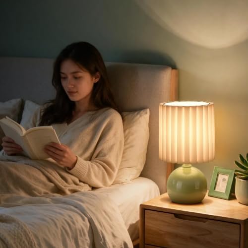 Ziqqeelam Green Small Table Lamp with Scalloped Linen Shade, Mini Green Table Lamp for Bedroom Nightstand, Cute Desk Night Light for Living Room, Bookshelf, Kitchen Counter, Kids Room, Office - Image 6
