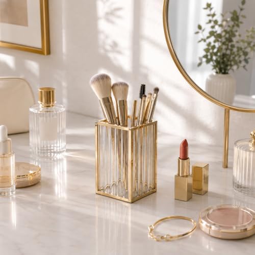 Feyarl Ribbed Glass Pen Holder Gold Metal Desk Organizer for Pens Pencils Markers Makeup Brushes Decorative Striped Glass Pencil Cup for Office Desk Vanity Home Decor - Image 6