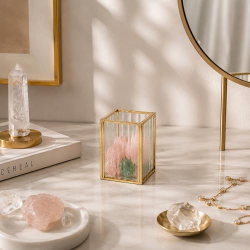 Feyarl Ribbed Glass Pen Holder Gold Metal Desk Organizer for Pens Pencils Markers Makeup Brushes Decorative Striped Glass Pencil Cup for Office Desk Vanity Home Decor - Image 7