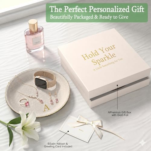 Initial Jewelry Dish for Women, Shatterproof Vegan Leather Ring Holder with Stainless Steel Core, Personalized Monogram Trinket Tray, Birthday Bridesmaid Gift with Box (Cream Letter A) - Image 3