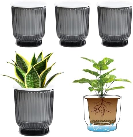 T4U Self Watering Pots for Indoor Plants 4.5 Inch 4 Pack Planter Gray by T4U