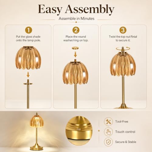 Glass Tulip Table Lamp, Cordless Rechargeable Desk Lamp - Amber - Image 6