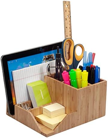 MobileVision Bamboo Multi-Function Desktop Organizer; Store stationary items like notepads, file folders, paperclips, business cards, pens, & more by MobileVision