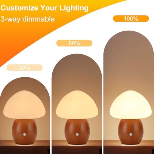 Mushroom Lamp with Touch Control Switch, Small Wooden Table Lamp with Glass Shade, 3 Way Dimmable Nightstand Lamp for Bedroom, G9 LED Bulb Included (Brown Color&Opal White Glass Shade) - Image 3
