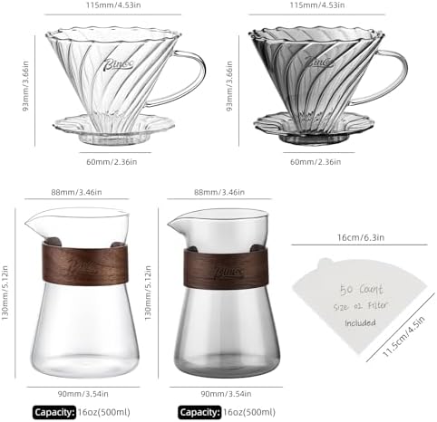 Bincoo Pour Over Coffee Dripper Set, V-shape 60° Cone Drip Coffee Maker, Included Borosilicate Glass Carafer and Coffee Dripper & 50 Pcs Size 02 Paper Filter, 16oz(500ml) (Smoky Gray Set) - Image 6