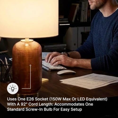 Signature Design by Ashley Farberman Amber Glass Table Lamp, 27-Inch with 3-Way Switch, Carved Glass and Metal with Drum Hardback Fabric Shade for Living Room or Bedroom, Orange & Metallic - Image 6