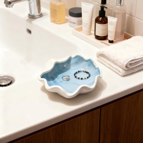 Shell Shape Ceramic Jewelry Tray, Blue Shell Trinket Dish, Ocean Themed Ring Earring Holder, Decorative Organizer for Rings, Earrings, Necklaces, Bracelets, Coastal Beach Home Decor (Blue Shell) - Image 4