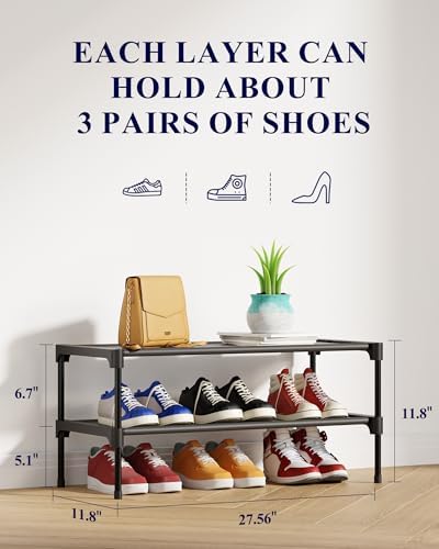 Kitsure Shoe Rack - Non-Woven Shoe Rack Shelf, Shoe Organizer for Closet, Entryway, Garage & Corridor, Stackable Shoe Shelves, 27.5" Wide - 2 Tier, Black - Image 2