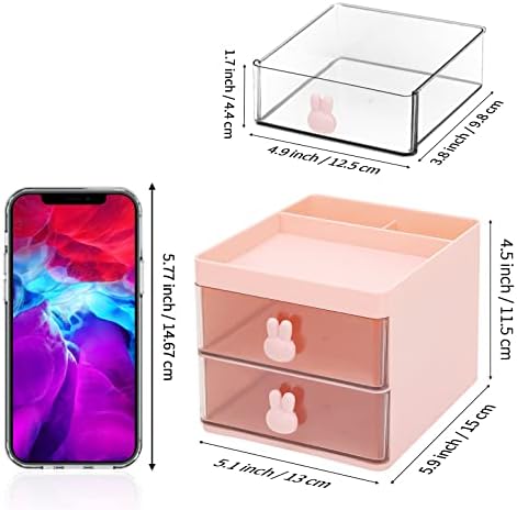 LETURE Small Desk Organizer With Drawer, Office Desktop Storage Box, Business Card/Pen/Pencil/Mobile Phone/Stationery Holder Storage Box, Makeup Organizer for Office School Home (Pink) - Image 2