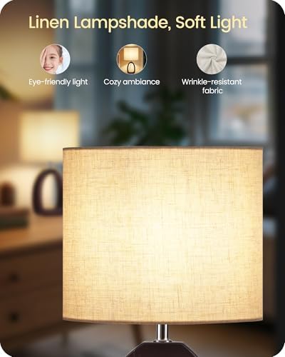 Small Table Lamp, 14.2" Cute Little Desk Lamp, Wood Bedside Lamp with Beige Linen Lampshade & Dark Walnut Base, Modern Nightstand Lamp for Bedroom, E26 Base, Bulb Not Included, STE07TL05 - Image 3