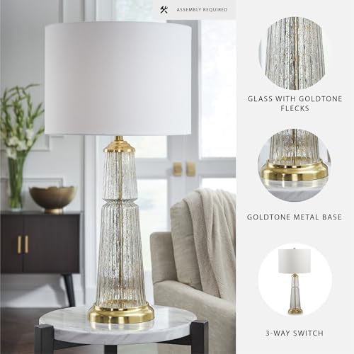 Signature Design by Ashley Bakersboro Tall Glass Table Lamp, 3-Way Rotary Switch, Fluted Glass with Goldtone Flecks and Fabric Shade for Living Room End Tables, Clear/Gold Finish, 34 Inches High - Image 3