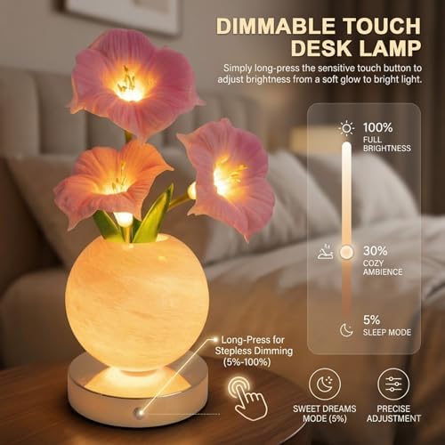 Flower Table Lamp, Rechargeable Cordless Touch Dimming Artificial Morning Glory Flower Desk Lamp, LED Flower Bedside Night Light Romantic Gifts for Girl Women Mom (Pink Morning Glory) - Image 2