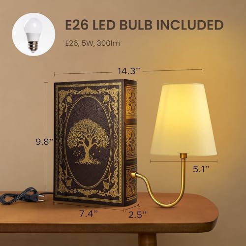AELS Vintage Bookshelf Lamp with Bulb, 3-Color Touch Control Dimmable Table Lamp with Linen Shade, Modern Bookend Lamp for Bedroom, Office & Bookshelf Decor, Tree of Life Brown & Gold - Image 2