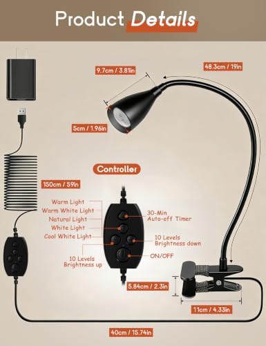 2 PCS Reading Light for Book in Bed,Clip on Light Reading Lamp with Adapter - Image 6