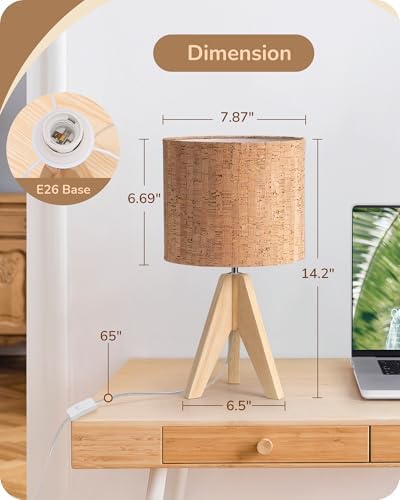 EDISHINE Small Table Lamp, Wood Tripod Nightstand Lamp, Bark Linen Shade - Image 5