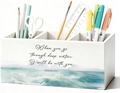 Christian Pen Holder, Christian Gifts for Women Pencil Holder for Desk, Beach Office Decor, Religious Bible Verse Coastal Ocean Wooden Box Sign Decorations for Home Office Desk Tabletop by Unknown