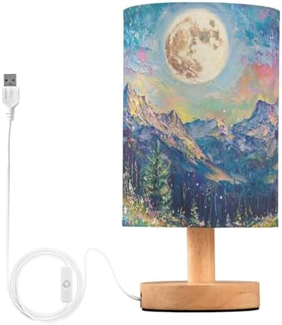 Beautiful Wildflowers Full Moon Bedside Table Lamps with USB Port for Bedroom Lamp Table Lamp Small Nightstand Lamp Sturdy Linen Shade Wooden Base Decorative Lamps for Home Dorm Office Living Room by Fustylead
