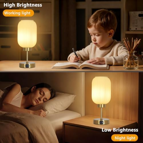 LAMSU Vintage Gold Table Lamp with Cream Glass Shade, Small Beside Lamp with Bulb, USB Ports, 3 Way Dimmable Nightstand Lamp, Mid Century Modern Desk Lamp for Bedroom Living Room, Home Decor - Image 3