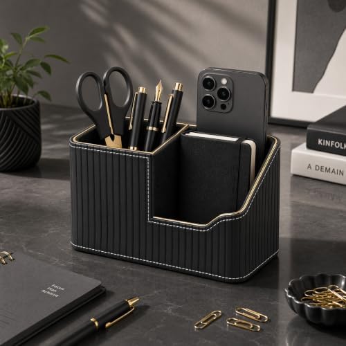 KINGFOM Luxury Black PU Leather Desk Organizer with Gold Trim, Premium Pen Holder for Desk Accessories, Modern Office Supplies Organizer for Home Office Desk Decor - Image 3