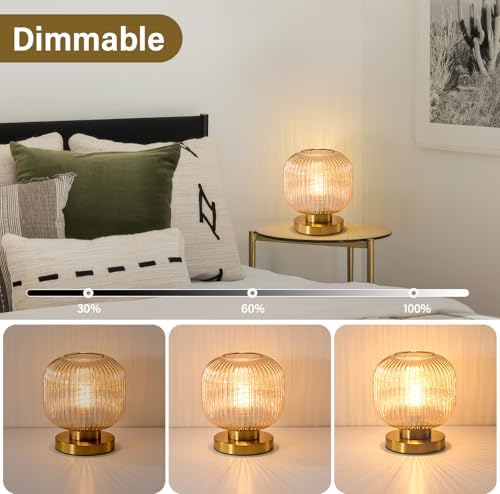 Amber Glass Table Lamp,Vintage Gold Base Ribbed Bedside Lamp - Image 4