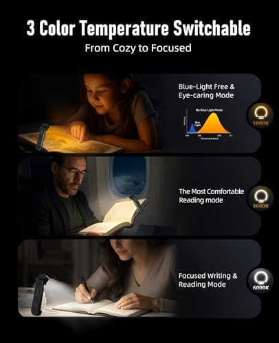 HIONXMGA Book Reading Light,Silent Touch Book Lamp for Reading in Bed,Rechargeable Clip on Booklight with 3 Amber Colors & 7 LEDs Precise Dimming for Eye Caring Night Reading,Books Lovers,Kids,Black - Image 3