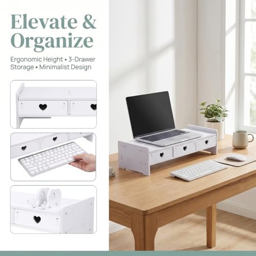 Tofficu Computer Monitor Riser with Drawer White Desk Shelf for Monitor and Keyboard Storage Rack Office Desk Organizer for Laptop Stand Riser for Home Office - Image 6