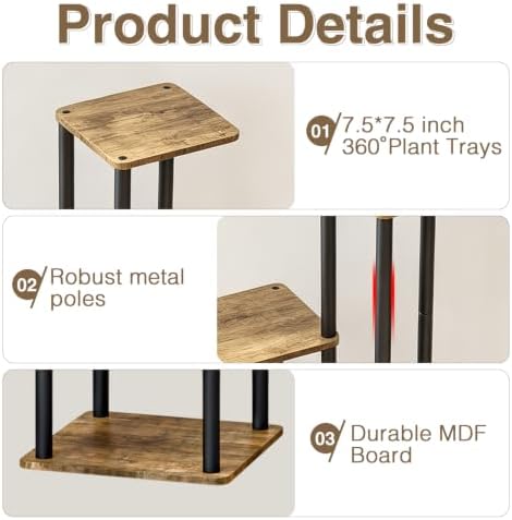 AZERPIAN Plant Stand 5 Tier Indoor Metal Flower Shelf for Multiple Plants Corner Tall Flower Holders for Patio Garden Living Room Balcony Bedroom, Black (Small 4 Tier+Black Rustic Brown) - Image 3