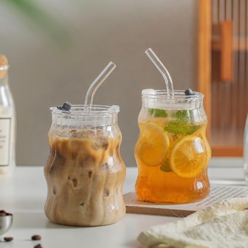 KEMORELA Ribbed Glass Cups with Lids and Straws，18oz Cute Iced Coffee Cups - Image 4