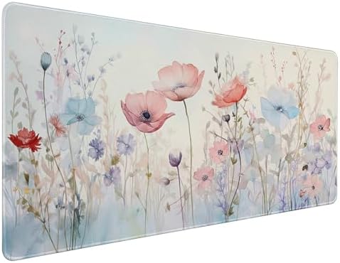 Wildflower Desk Mat 35.4x15.7 Inch, Large Extended Mouse Pad with Watercolor Floral Design, Non-Slip Water-Resistant XXL Desk Pad for Women, Home Office & Aesthetic Setup by HUADO