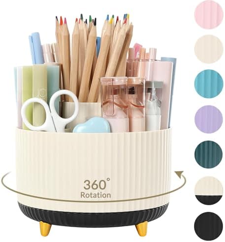 SKYDUE 360 Rotating Organizer, Dual-Purpose Pencil Pen Holder, 5-Slot Rotating Pencil Cup for Office, School, Home (Beige-Black) by SKYDUE