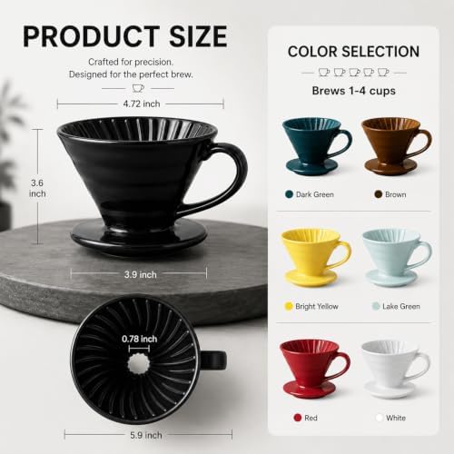 Pour Over Coffee Dripper - Ceramic Pour Over Coffee Maker Cone, Porcelain Coffee Drip, Pour Over Single Cup, Manual Brew Maker for Home, Cafe, Office - 1-4Cup, V60 Size 02 (Black) - Image 5