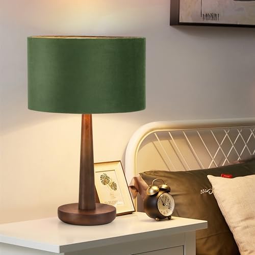 18.5" Modern Dimmable Walnut Wood Table Lamp with Velvet Shade, Green by Keazile