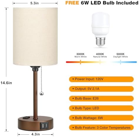 Small Bedside Table Lamp for Bedroom, Desk Lamp with USB Ports for Dorm - Image 3