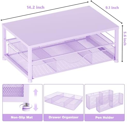 OPNICE Desk Organizer and Accessories, 2-Tier Computer Monitor Stand Riser with Drawer and 2 Pen Holders, Laptop Stand, Office Desk Accessories for Office Supplies, Purple - Image 3