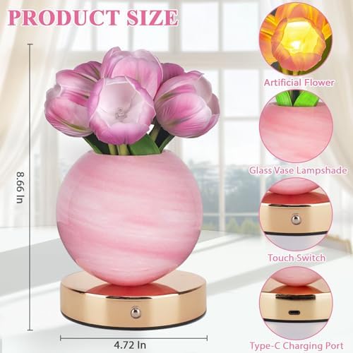 Tulip Table Lamp, Rechargeable Cordless Touch Dimming Artificial Tulip Flower Desk Lamp, LED Flower Bedside Night Light Romantic Gifts for Girl Women Mom (Pink Tulip) - Image 2