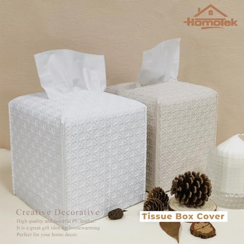 HOMOTEK 1 Pack Tissue Box Cover, Square PU Leather Tissue Holder, Decorative Facial Tissue Cube Paper Organizer Dispenser for Bathroom, Night Stands, Desk, Car 5X5X5'' - Rattan Weave, Pure White - Image 6