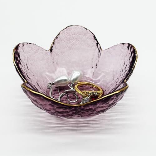 Purple Flower Ring Dish, Small Glass Jewelry Dish Tray, Ring Holder Jewlery Tray Trinket Dish, Bathroom Nightstand Decor Jewelry Bowl Christmas Friendship Birthday Gifts for Women, Soap Dish - Image 3