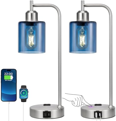Innqoo Industrial Blue Table Lamps for Bedrooms Set of 2-3-Way Dimmable Desk Lamp with USB C+A Ports and Outlet, Nickel Lamps with Green Glass Shade for Living Room by Innqoo