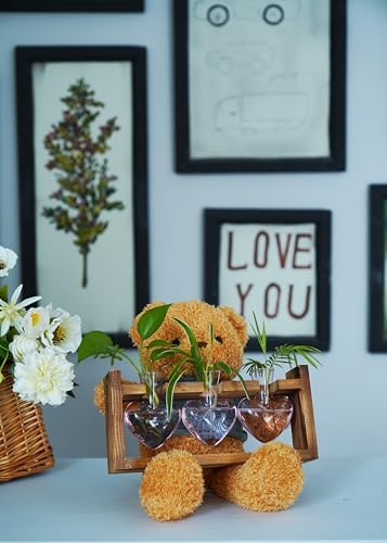Kingbuy 3-Heart Plant Terrarium Kit with Vintage Wood Stand - Stained Glass Vase Propagation Station, Wall-Mounted & Tabletop Indoor Decor for Home Kitchen Wedding Gift, Light Pink - Image 7