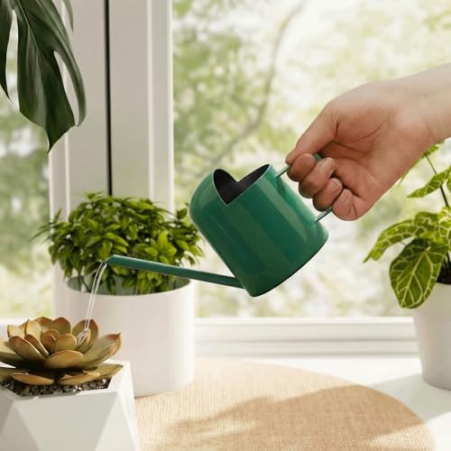 Bamworld Small Watering Can Indoor Outdoor Plant Metal Stainless Steel Long Spoutt Flowers Watering Cans for House Garden Plants 10OZ Watering Bottle Cute Stylish Gardening Decoration(Deep Green) by Bamworld