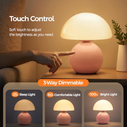 NIORSUN Mushroom Lamp Table Lamp for Bedroom, Portables Cordless Table Lamp,Wireless lamp,Small Bedside Table Touch Lamps for Living Room,Mini Mushroom 5200mAh Battery Operated Lamp Modern Pink - Image 3