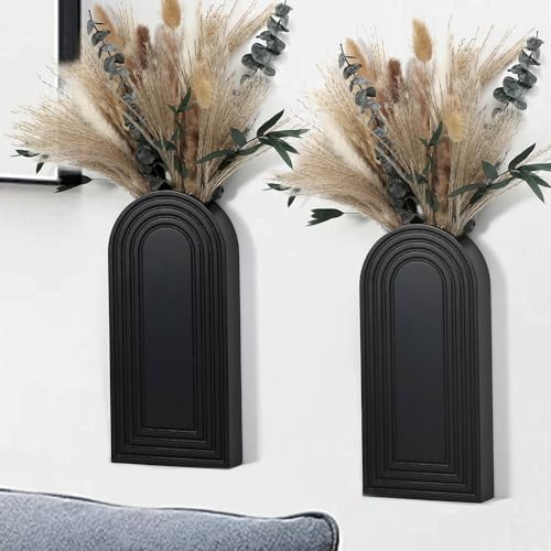 Set of 2 Wooden Wall Vases with Dried Pampas Grass & Eucalyptus, Boho Farmhouse Decor for Living Room, Entryway, Bathroom, Rustic Home Art(Black) by Zipper