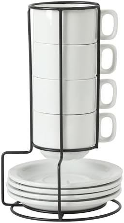 Gibson Home Gracious Dining 7-Ounce Cappuccino Cups Set of 4, Stackable Coffee Cups with 4 Saucers, Metal Stand, Coffee Mugs for Latte, Café, Mocha, Tea by GibsonHomewares