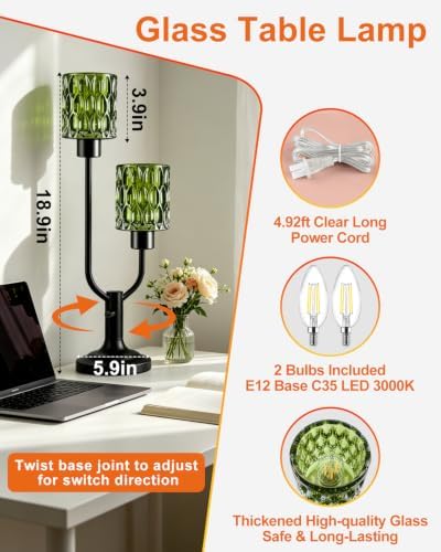 Lightdot Mid Century Modern Table Lamp Green Glass Vintage Lamp Dimmable - Image 2
