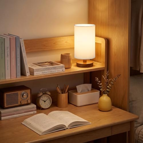 Fenmzee 8.5" Small Table Lamp for Bedroom - White Shade & Walnut Base - Image 2