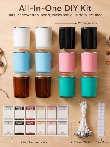 8.5oz Candle Jars with Lids, 12 Pack Colored Glass Containers for Candle Making, DIY Kit with 20 Wicks, Stickers & Labels, Refillable Aromatherapy Jars for Home Decor & Gifts - Image 2