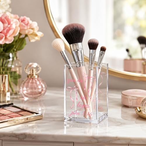 Pink Bow Acrylic Pen Holder Cup, Coquette Desk Decor with Inspirational Bible Verse, Christian Pencil Holder, Cute Office Desk Organizer, Gift for Women - Image 2