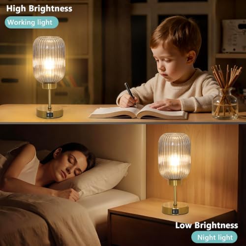 LAMSU Grey Glass Table Lamp for Bedroom with Bulb, Small Beside Lamp with USB Ports, 3 Way Dimmable Desk Lamp, Vintage Modern Nightstand Lamp for Living Room, Office, Ambient Mood Lighting - Image 3